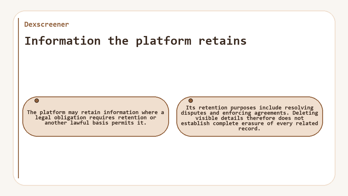Information the platform retains: The platform may retain information where a legal obligation requires retention or another lawful basis permits it.; Its retention purposes include resolving disputes and enforcing agreements. Deleting visible details therefore does not establish complete erasure of every related record.